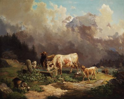 Cattle in the High Mountains at the Watering Place by Louis Reinhardt